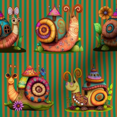 4" COLORFUL FUNKY SNAILS HOUSES ON STRIPES GREEN GOLD BROWN FLWRHT