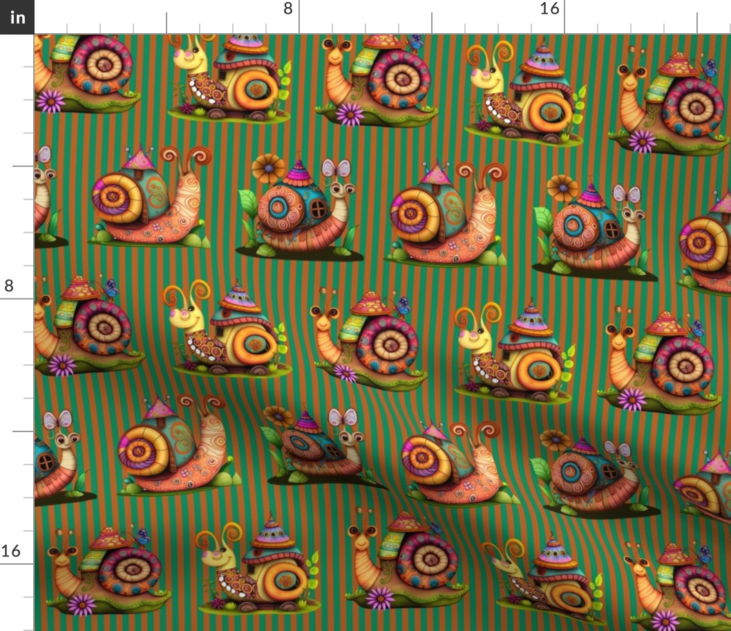 4" COLORFUL FUNKY SNAILS HOUSES ON STRIPES GREEN GOLD BROWN FLWRHT