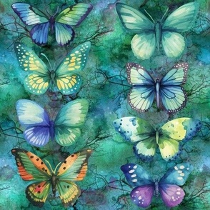 WATERCOLOR BUTTERFLIES STRIPES TURQUOISE EMERALD FLWRHT