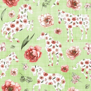 floral horse green linen