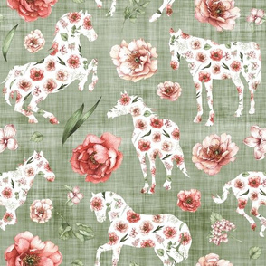 floral horse olive linen