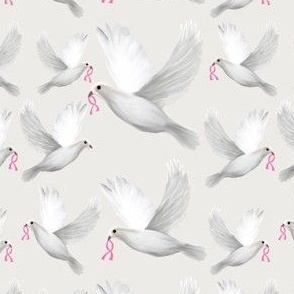 Pink ribbon doves on grey
