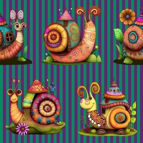 4" COLORFUL FUNKY SNAILS HOUSES ON STRIPES GREEN PURPLE FLWRHT