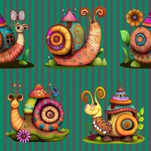 4" COLORFUL FUNKY SNAILS HOUSES ON STRIPES GREY GREEN FLWRHT
