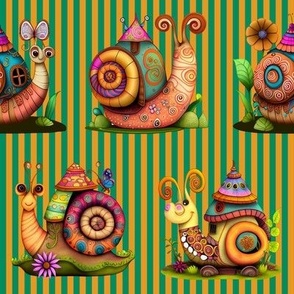 4" COLORFUL FUNKY SNAILS HOUSES ON STRIPES MARIGOLD YELLOW GREEN FLWRHT
