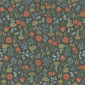 Woodland wildflowers on dark green - small scale