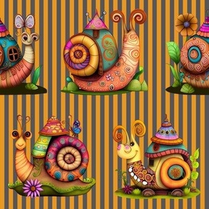 4" COLORFUL FUNKY SNAILS HOUSES ON STRIPES MARIGOLD YELLOW GREY FLWRHT