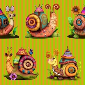 4" COLORFUL FUNKY SNAILS HOUSES ON STRIPES MARIGOLD YELLOW SPRING GREEN FLWRHT