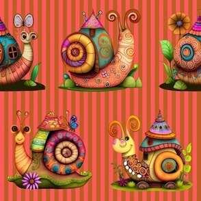 4" COLORFUL FUNKY SNAILS HOUSES ON STRIPES PINK GOLD BROWN FLWRHT