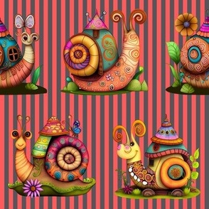 4" COLORFUL FUNKY SNAILS HOUSES ON STRIPES PINK GREY FLWRHT
