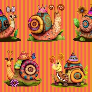 4" COLORFUL FUNKY SNAILS HOUSES ON STRIPES PINK MARIGOLD FLWRHT