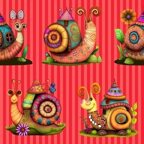 4" COLORFUL FUNKY SNAILS HOUSES ON STRIPES PINK RED FLWRHT