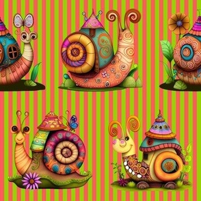 4" COLORFUL FUNKY SNAILS HOUSES ON STRIPES PINK SPRING GREEN FLWRHT