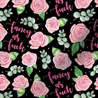 Medium Scale Fancy as Fuck Pink Rose Floral on Black