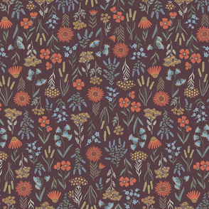 Woodland wildflowers on dark wine red - small scale