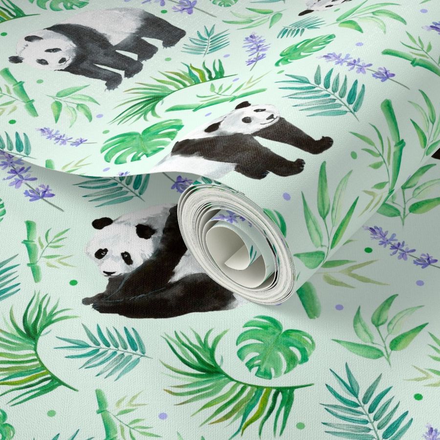 Large Scale Pandas and Tropical Leaves Wallpaper | Spoonflower
