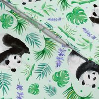 Large Scale Pandas and Tropical Leaves on Pale Mint Green