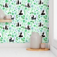 Large Scale Pandas and Tropical Leaves on Pale Mint Green