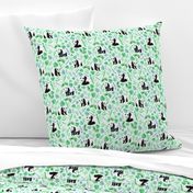 Medium Scale Pandas and Tropical Leaves on Pale Mint Green