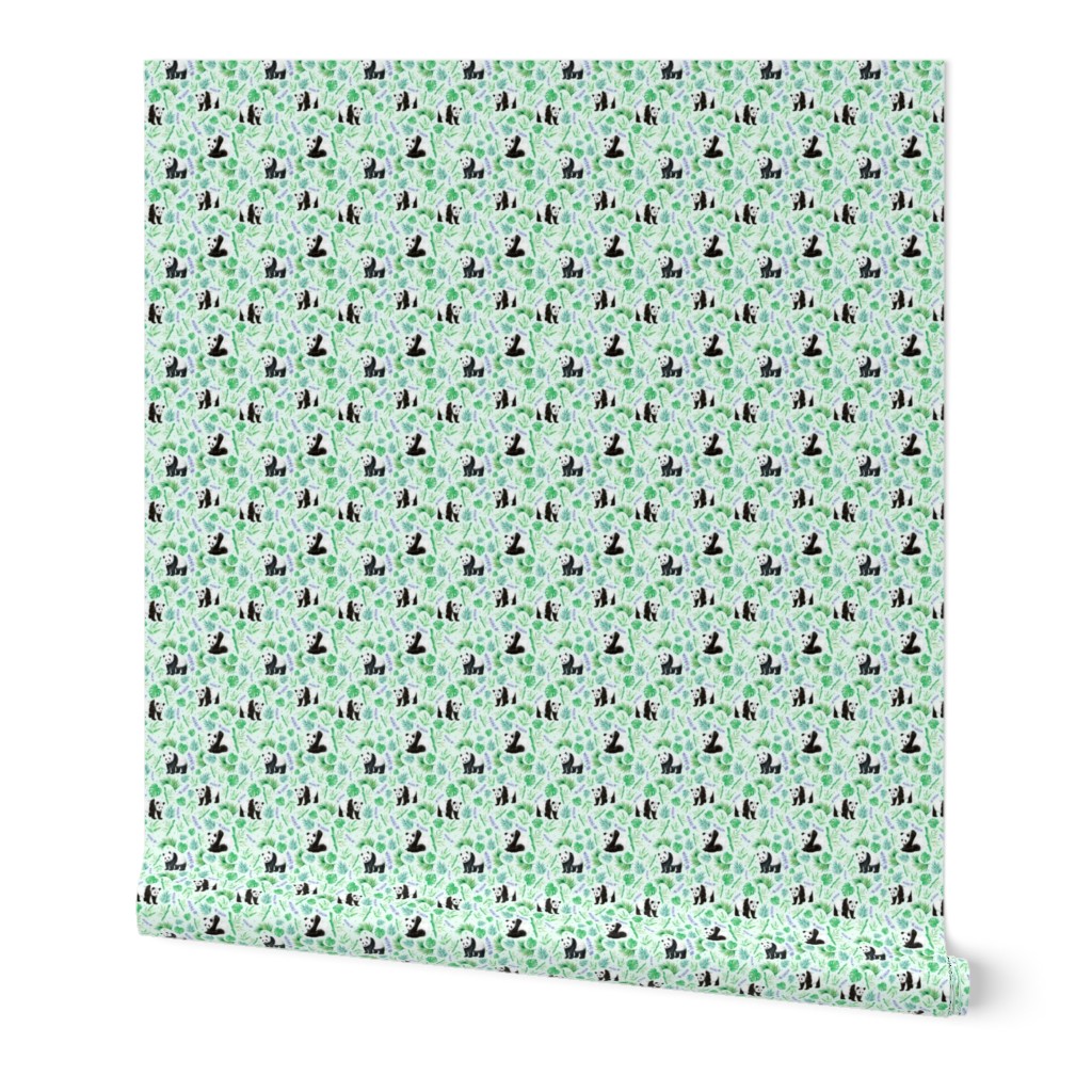 Small Scale Pandas and Tropical Leaves on Pale Mint Green