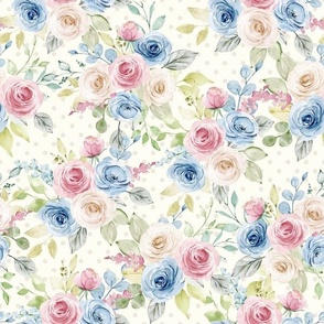 Medium Scale Shabby Pink Blue Cream Roses on Ivory with Soft Taupe Polkadots