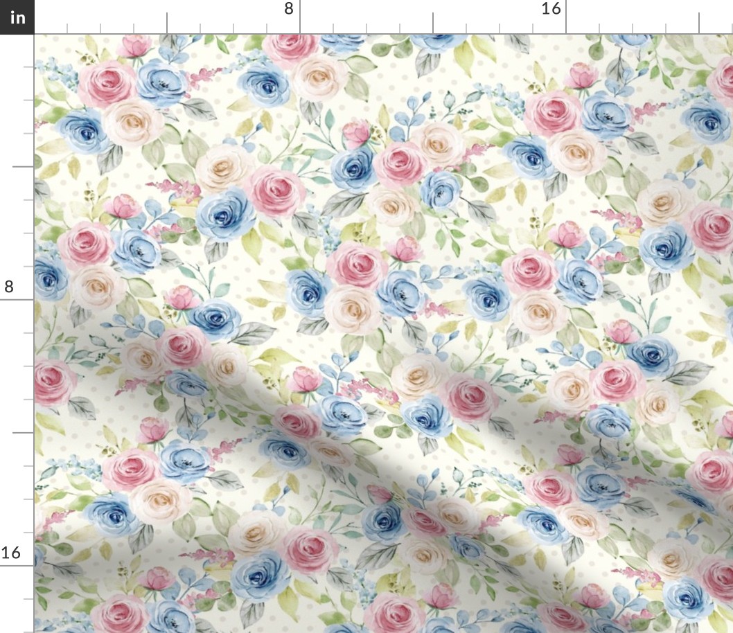 Medium Scale Shabby Pink Blue Cream Roses on Ivory with Soft Taupe Polkadots