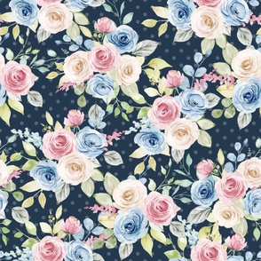 Large Scale Shabby Pink Blue Cream Roses on Navy with Soft Polkadots