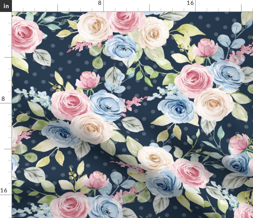 Large Scale Shabby Pink Blue Cream Roses on Navy with Soft Polkadots