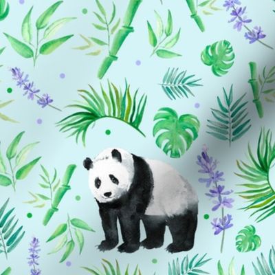 Large Scale Pandas and Tropical Leaves on Ice Blue