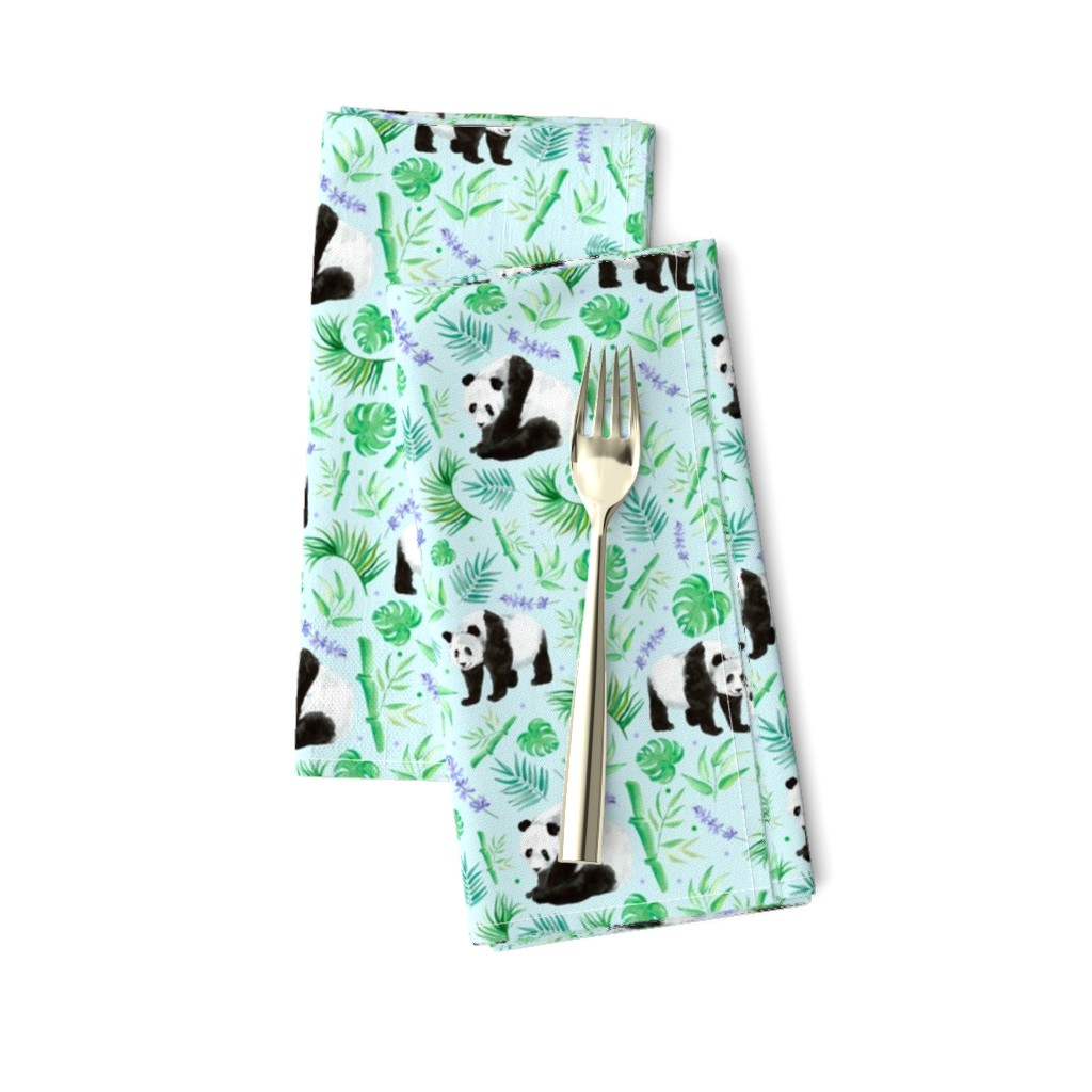 Medium Scale Pandas and Tropical Leaves on Ice Blue