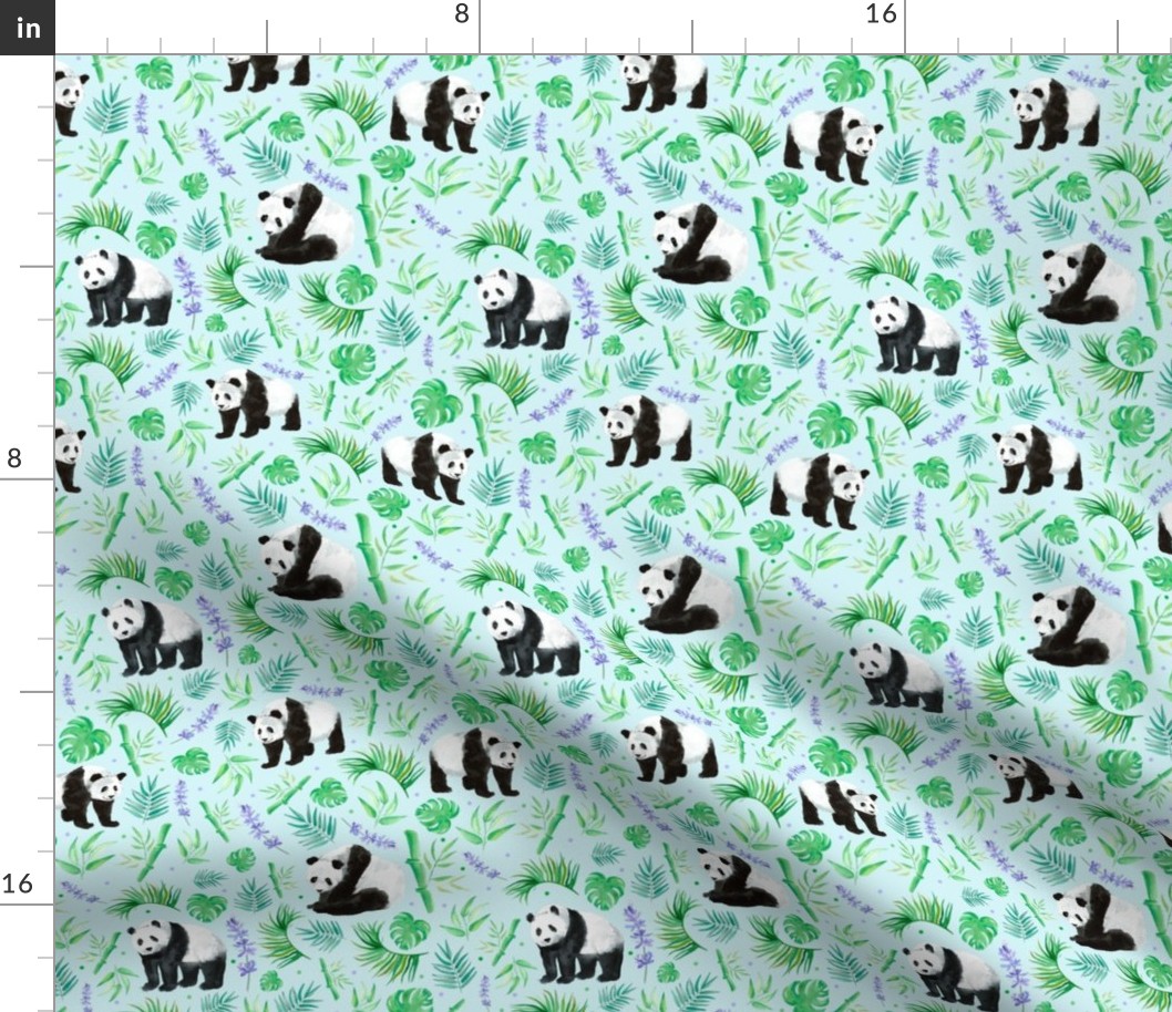 Medium Scale Pandas and Tropical Leaves on Ice Blue