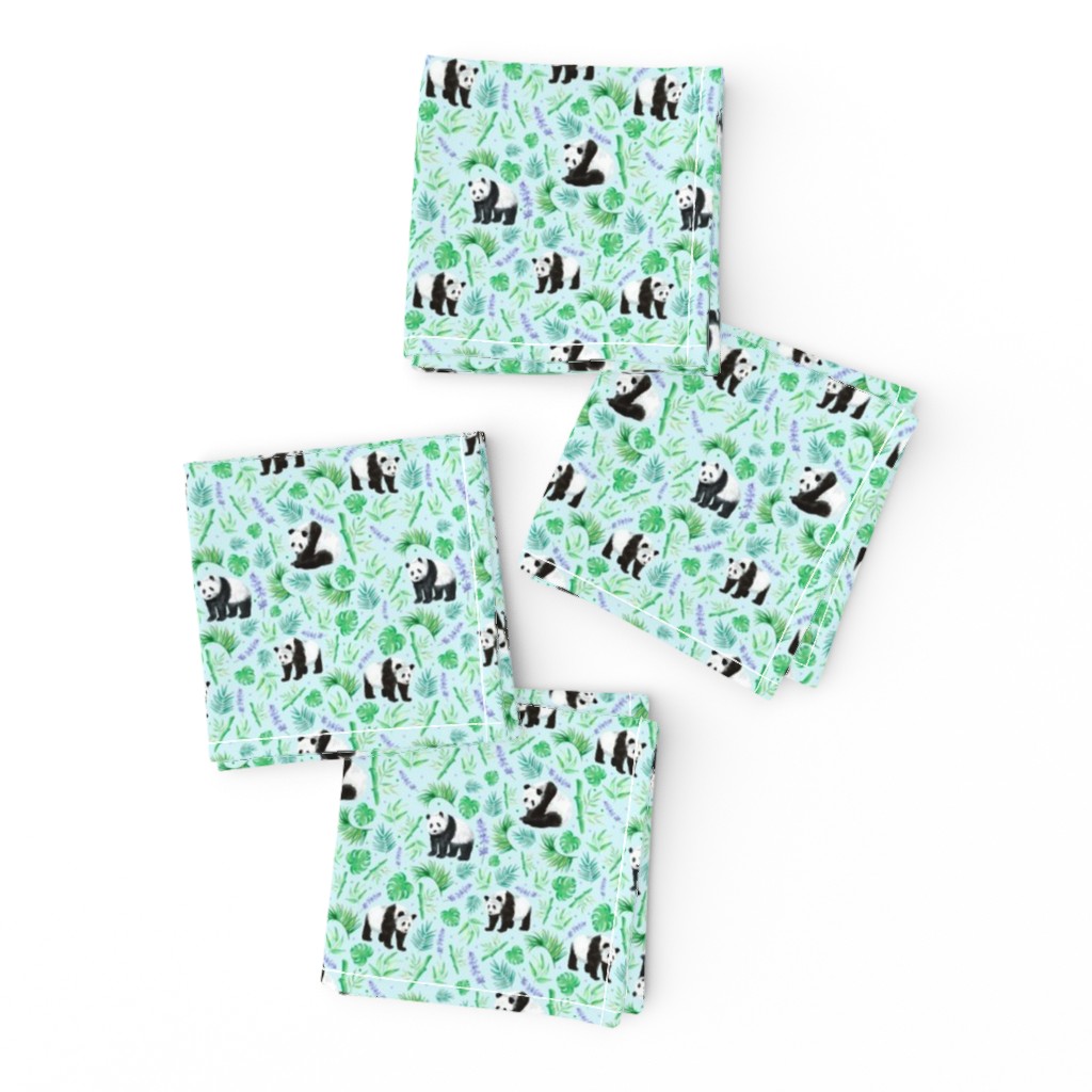 Small Scale Pandas and Tropical Leaves on Ice Blue