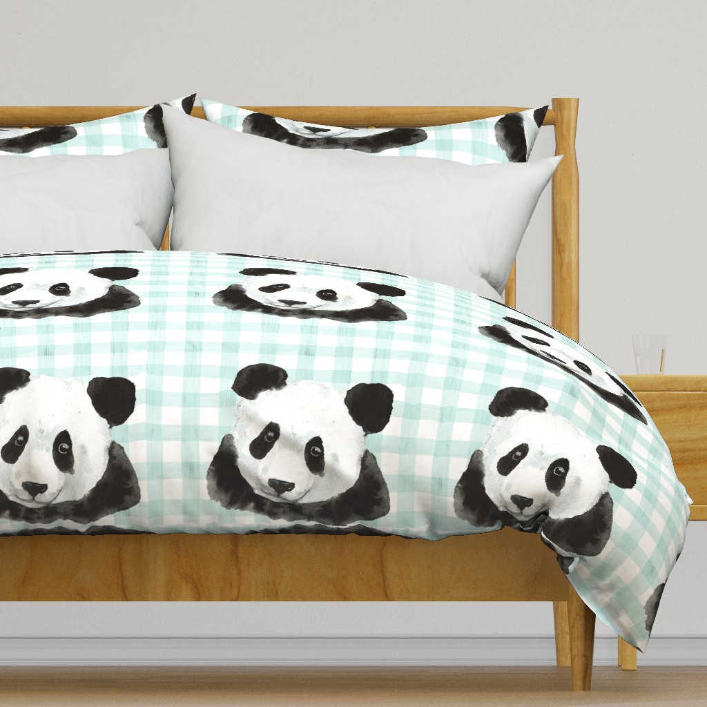 18x18 Pillow Sham Front Fat Quarter Size Makes 18" Square Cushion Panda on Ice Blue Gingham Checker