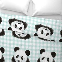 18x18 Pillow Sham Front Fat Quarter Size Makes 18" Square Cushion Panda on Ice Blue Gingham Checker