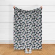 Medium Scale Shabby Pink Blue Cream Roses on Navy with Soft Polkadots