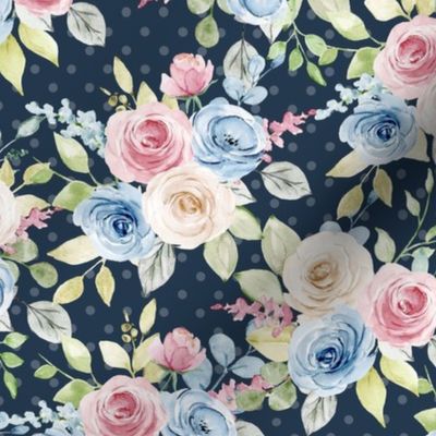 Medium Scale Shabby Pink Blue Cream Roses on Navy with Soft Polkadots