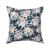 Medium Scale Shabby Pink Blue Cream Roses on Navy with Soft Polkadots