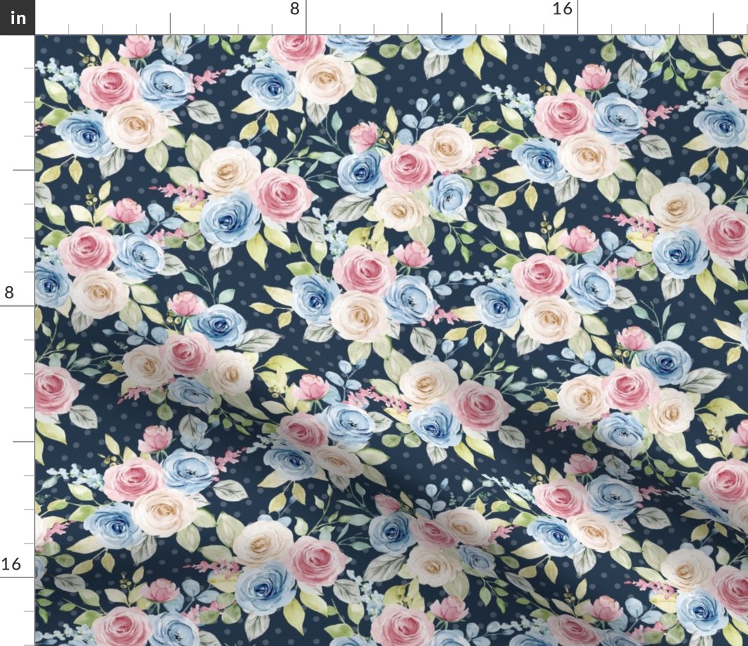 Medium Scale Shabby Pink Blue Cream Roses on Navy with Soft Polkadots