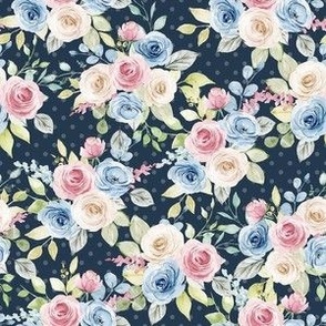 Small Scale Shabby Pink Blue Cream Roses on Navy with Soft Polkadots