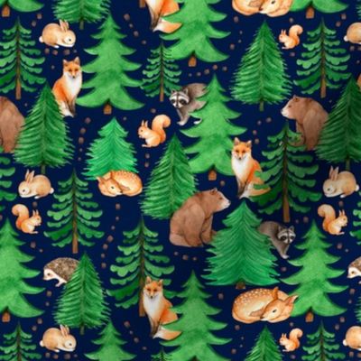 Medium Scale Forest Animals and Trees on Navy