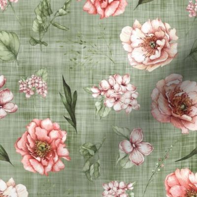 pink floral olive linen