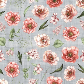 pink floral grey linen