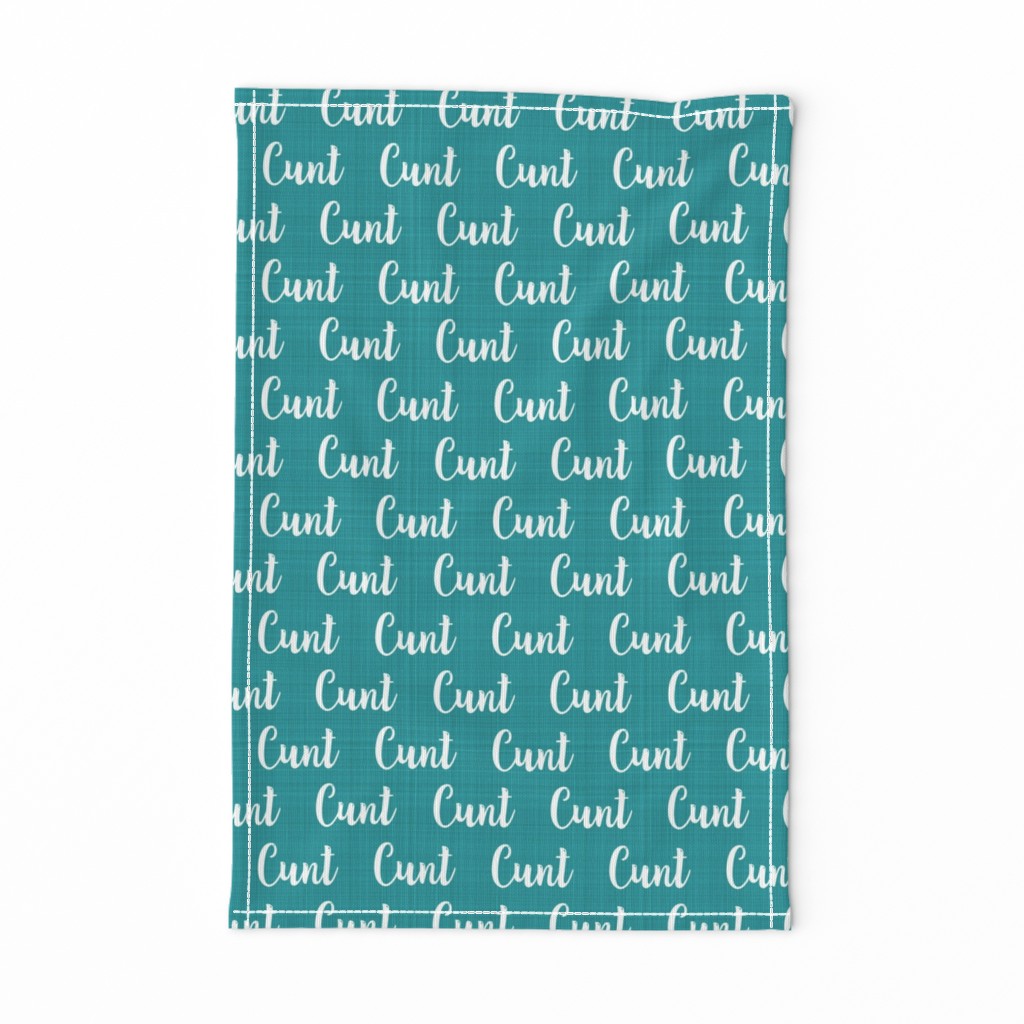 Medium Scale Cunt White Letters on Teal Turquoise Linen Texture Background