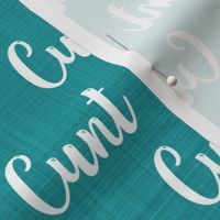 Medium Scale Cunt White Letters on Teal Turquoise Linen Texture Background