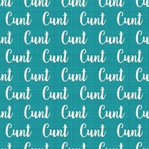 Medium Scale Cunt White Letters on Teal Turquoise Linen Texture Background