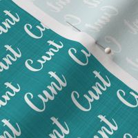 Small Scale Cunt White Letters on Teal Turquoise Linen Texture Background