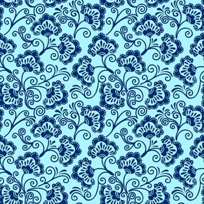 Medium Scale Modern Floral Vine Navy on Aqua