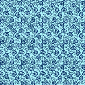 Small Scale Modern Floral Vine Navy on Aqua