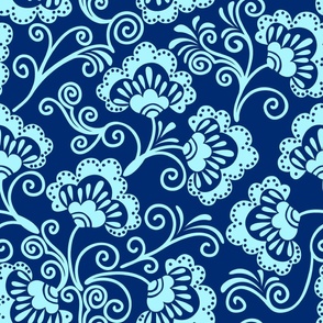 Large Scale Modern Floral Vine Aqua on Navy Blue