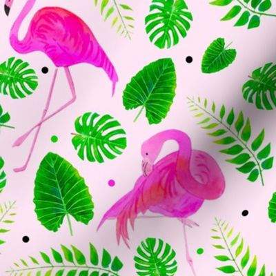 Large Scale Hot Pink Flamingos and Tropical Leaves on Pale Pink